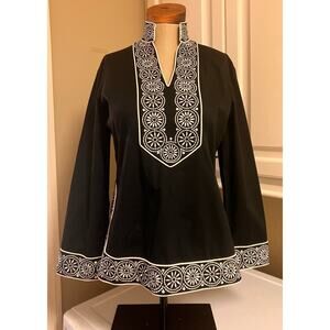 NEXX Black White Tunic, Blouse,‎ Top, V-Neck, Collar, Women's Small, Top
